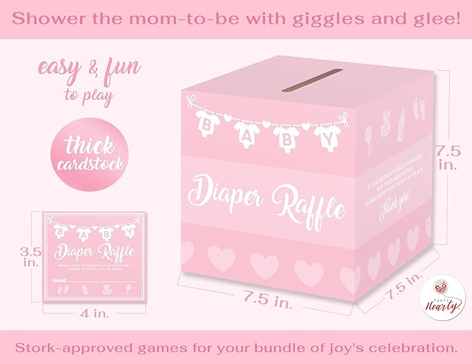 Party Hearty Baby Shower Games for Girls, 50 Pink Diaper Raffle Tickets, Diaper Raffle Ticket Cards Box, Baby Shower Decorations, Raffle Prizes, Ideas
