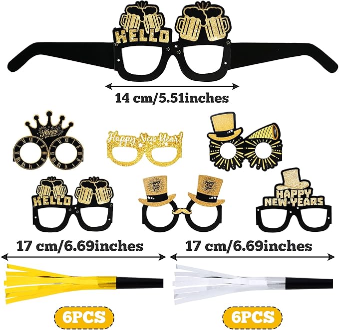 hoyuwak 24 PCS New Years Eve Party Supplies for 6 Guests Happy New Years Party Favors Decorations Including 6 Top Hat 6 Black Gold Glasses 12 Blowouts