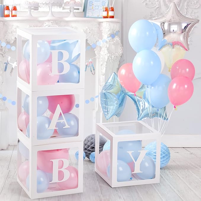 Baby Boxes with Letters for Baby Shower, Gender Reveal Decorations with Blue and Pink Balloons for Gender Reveal Birthday Wedding Baby Shower Decorations
