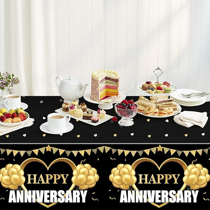 3 Pack Happy Wedding Anniversary Tablecloth Decorations, Black Gold Themed Table Cover Party Supplies, 25th 30th 40th 50th 60th Anniversary Plastic Disposable Rectangular Table Cloth Decor