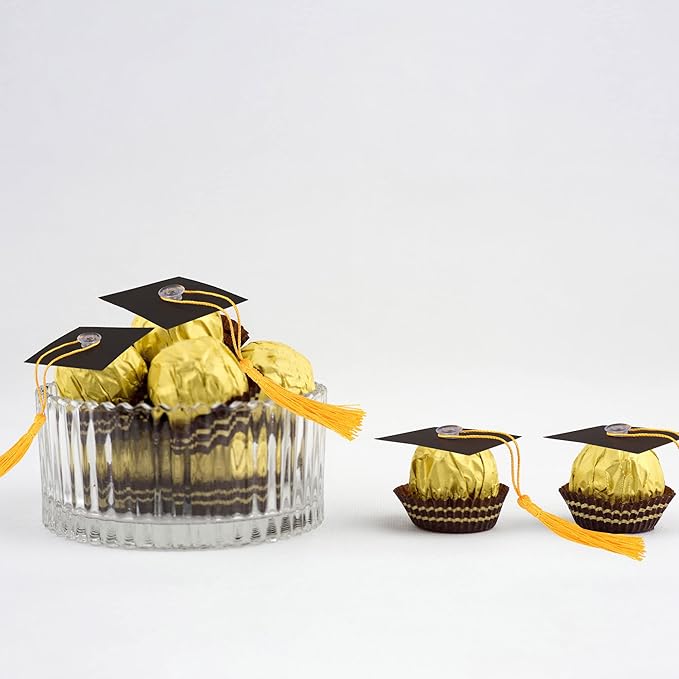 Gyufise 36Pcs 2026 Graduation Cap Cupcake Toppers with Tassel Adhesive Dots Chocolate Decorations Class of 2026 Congrats Grad Cap Cupcake Decorations for 2026 Graduation Theme Party Supplies Gold