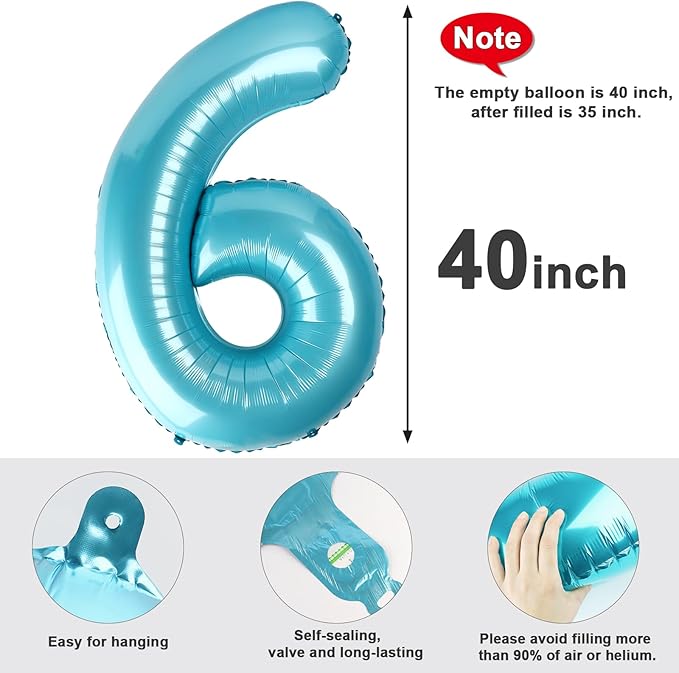 Number 6 Balloon 40 Inch, 6th Birthday Balloon for Boy Girl, Pearl Blue 16 60 61 65 Numbers Balloons Birthday Party Wedding Events Decorations