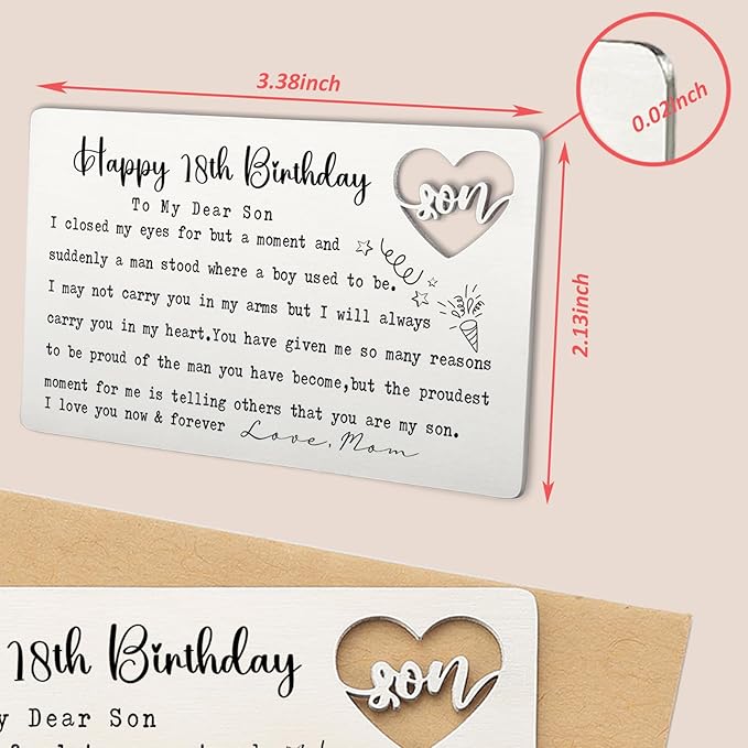 Happy 18th Birthday Wallet Insert for Son from Mom, Stainless Steel Laser-Engraved Postcard with Heart Cutout, Adult Son Birthday Gift, Sentimental Pocket Keepsake for Milestone Celebration QBK09
