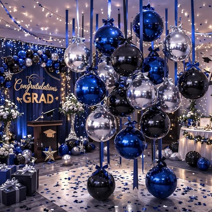 Togvu Black Blue Silver Round Balloons, 15PCS Different Sizes 4D Metallic Foil Balloon Large Sphere Mirror Ball Balloons for Prom Graduation New Year Birthday Party Ceiling Decorations Supplies