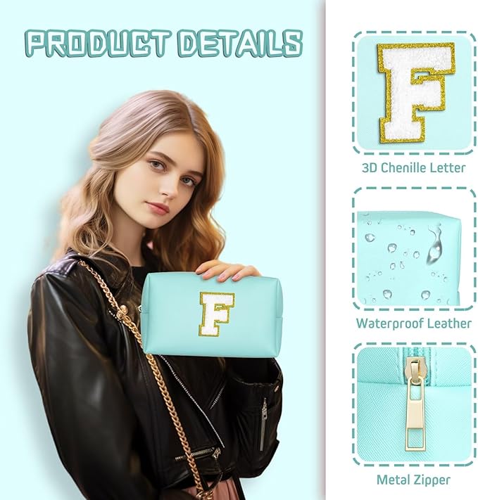 TOPEAST Personalized Makeup Bag, Chenille Letter Pouch Cosmetic Bag w Zipper, PU Leather Waterproof Toiletry Bag, Bridal Shower Gifts for Bridesmaids, Cute Stuff for Girls (Blue P)