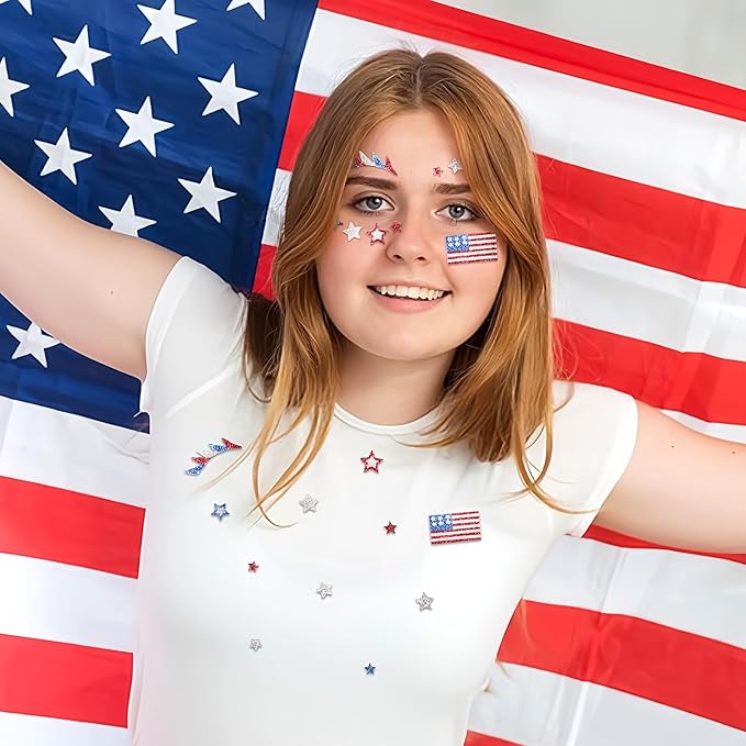 4th of July Face Gems, Fourth of July Celebration Face Jewels, Patriotic Tattoo with USA Flag Stars Designs, Sparkle Glitter Red Blue Silver for Independence Day, Parades, Parties 2 Sheets (style3)