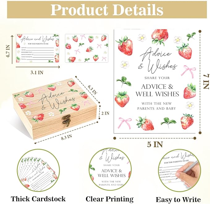 Strawberry Bow Baby Shower Advice Cards Box, Babies Party Decor Gifts, Baby Shower Wishes and Advice Card Boxes for Babies Party, 50 Double Sided Strawberry Cards, Wooden Advice Boxes for New Parents