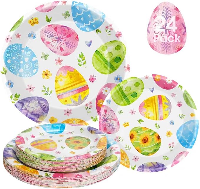 24 Pcs Easter Plates Set - Watercolor Happy Easter Eggs Paper Plate, Disposable Spring Colorful Round Dinner Dessert Plates Tableware for Easters Day Party Supplies Favors Table Decorations