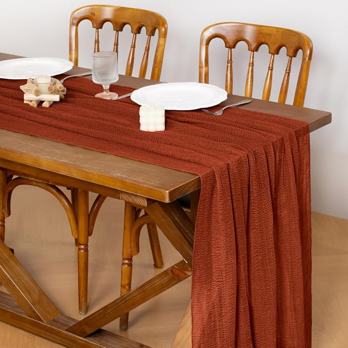 Socomi 3pcs Terracotta Cheesecloth Table Runner Easter Spring Gauze 120 Inch Rustic Boho Cheese Cloth Runner for Wedding Party Baby Bridal Shower Centerpiece Decoration