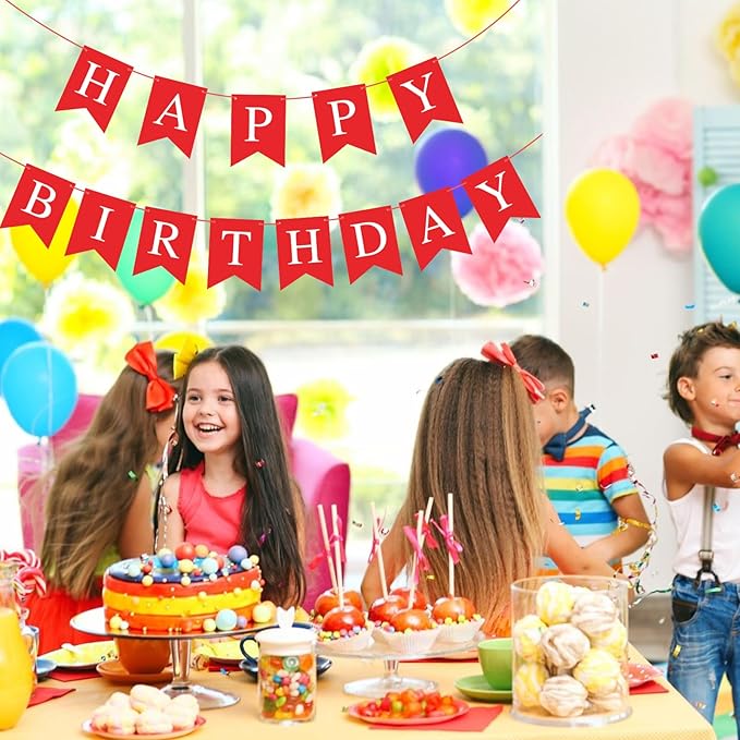 Red Happy Birthday Banner Sign Happy Birthday Bunting Banner Garland for Kids Girl Woman Birthday Tea Party Decorations Bunting Flag Birthday Party Supplies