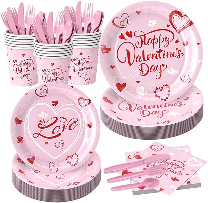 112PCS Valentine’s Day Heart Party Plates Supplies Love Pink Heart Party Tableware Decoration Disposable Paper Plates Napkins Forks for Graduation, Anniversary(Serves 16)