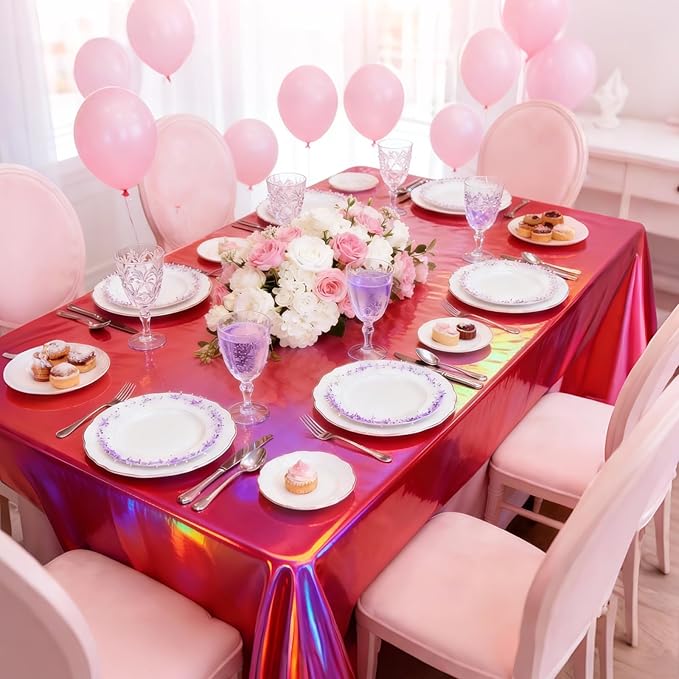 3-Pack Rose Pink Iridescent Tablecloths, Holographic Glittering Foil Disposable Tablecloths, 54 inches x 108 inches, Suitable for Birthday, Wedding, and Holiday Party Decorations