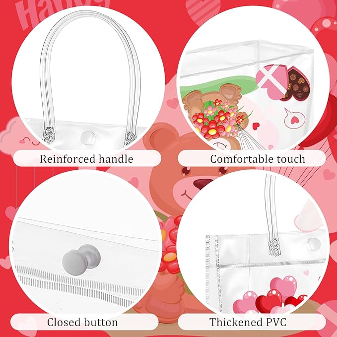 Henoyso 24 Pcs Valentines Clear Gift Bags Plastic Pink Candy Goodie Treat Bag Valentines Day Party PVC Totes with Handles Ribbon Galentines Day Party Favors, 7.8 x 7.8 x 3.1 Inches