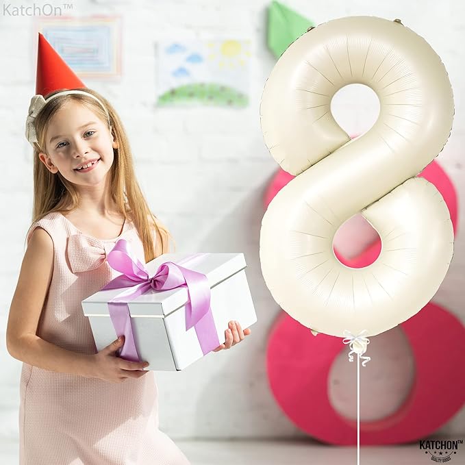 KatchOn, Giant Cream White Number 8 Balloon - 40 Inch | 8th Birthday Decorations for Party | Birthday Balloons 8 Year Old | Eight Balloons Number for 8th Anniversary Party Supplies