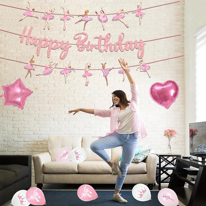 25Pcs Ballerina Birthday Party Decorations Pink Ballet Girls Happy Birthday Banners Pink White Latex Balloons Star and Heart Foil Balloons Baby Shower Party Supplie