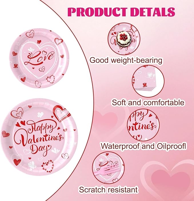 112PCS Valentine’s Day Heart Party Plates Supplies Love Pink Heart Party Tableware Decoration Disposable Paper Plates Napkins Forks for Graduation, Anniversary(Serves 16)