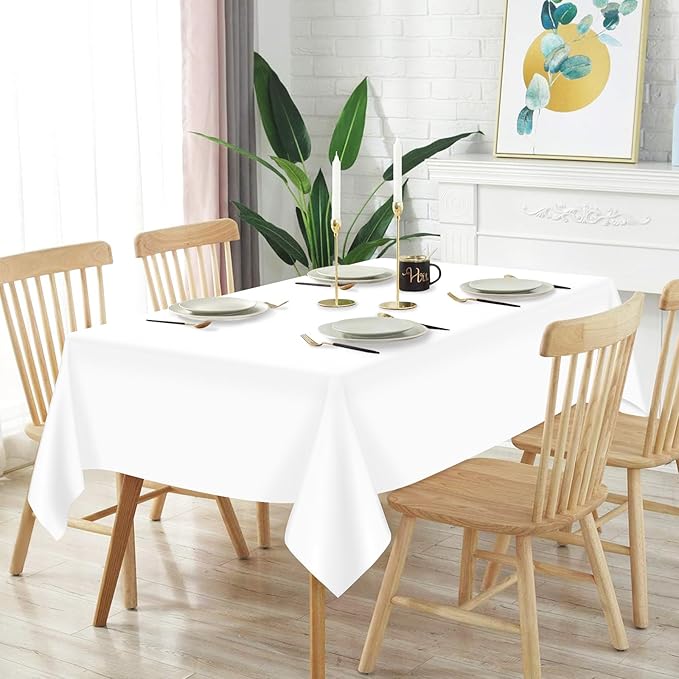 Mulbozy 2 Pcs White Plastic Tablecloth for Rectangle Table, 54 × 108 inches Disposable White Party Table Covers for Birthday, Wedding, Baby Shower, Holdiay Party Decoration
