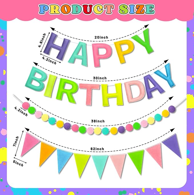 Happy Birthday Banner Decorations - Pre-Strung 3D Felt HAPPY BIRTHDAY Sign for Party Decor | Rainbow Reusable Happy Birthday Garland, Ball, Pennant Flag (2-Macaron)