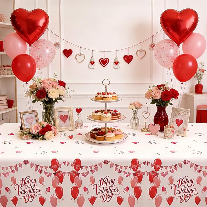 2 PCS Valentine Tablecloth(54x108 Inch) Plastic Valentines Day Table Cover Cloth Tablecloths for Valentines Party Favors Supplies Decorations Galentines Home Kitchen Desk Decor Backdrop Photo Props