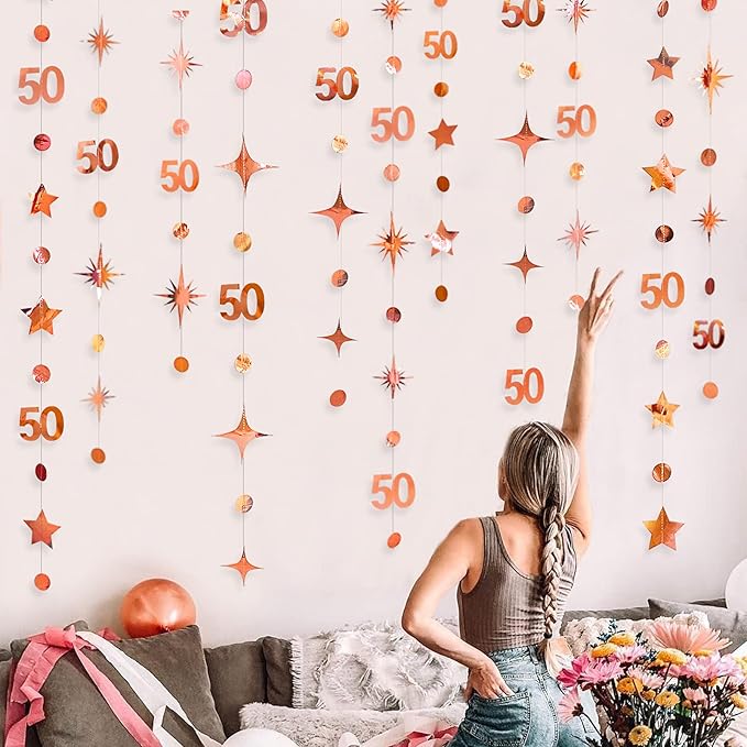 Rose Gold 50th Birthday Decorations Number 50 Circle Dot Twinkle Star Garland Metallic Hanging Streamer Bunting Banner Backdrop for 50 Year Old Birthday Happy 50th Anniversary Fiftieth Party Supplies