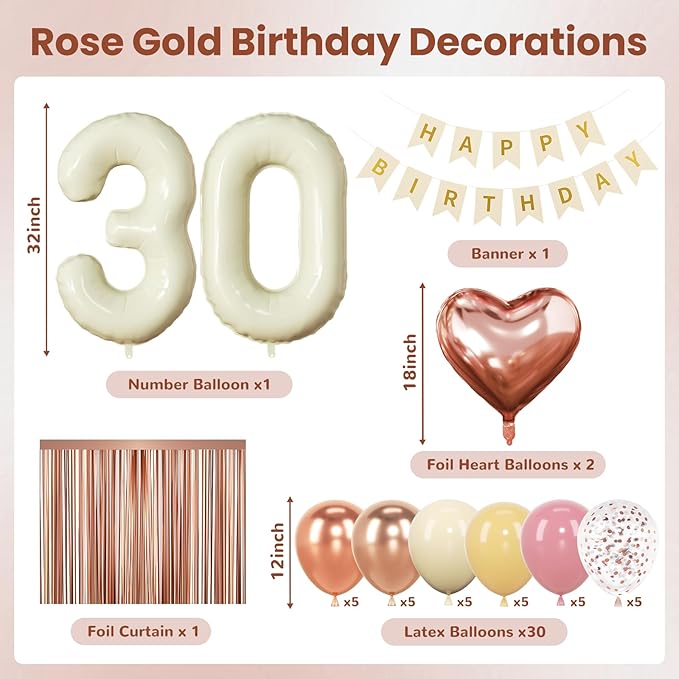 30th Birthday Decorations for Women, Retro Sand White and Cream Balloon Garland Kit, Cream Number 30 Balloon, Pink Happy 30th Banner, Milestone Party Supplies