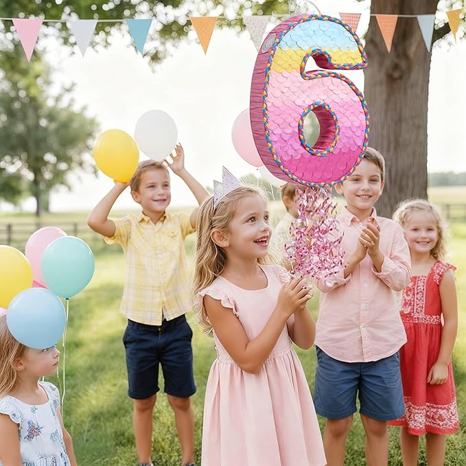 WERNNSAI Number 6 Piñata – Pink 6th Birthday Party Decorations for Kids Girls Rainbow Ombre Six Piñata with Blindfold and Stick for 6 Year Birthday Supplies Princess Anniversary Decoration