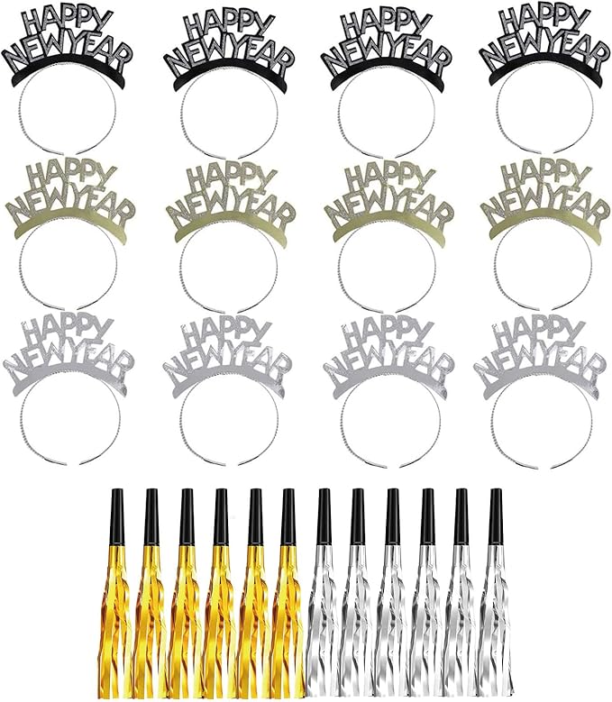 24 Pieces New Years Eve Party Supplies 2026,Happy New Year Headband Tiara,Metallic Fringed Noise Makers Gold Sliver for Kids and Adults