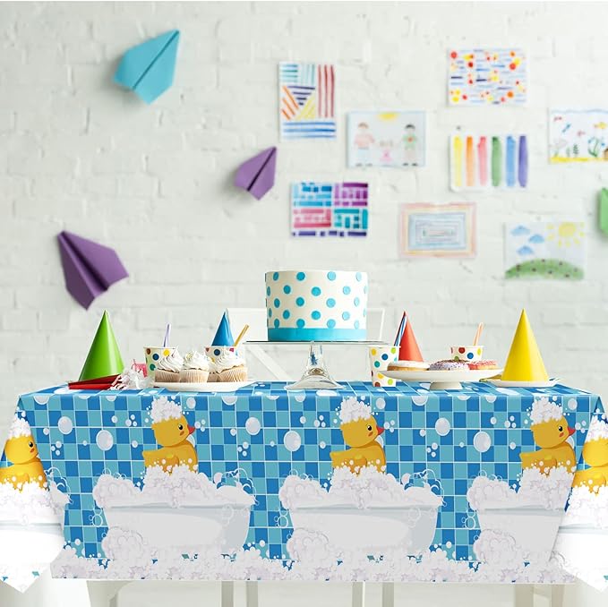 Oudain 3 Pcs Plastic Yellow Duck Tablecloth Disposable Cute Bubble Rubber Yellow Ducky Table Cover for Birthday Party Decorations Supplies, 51 x 86.6 Inch