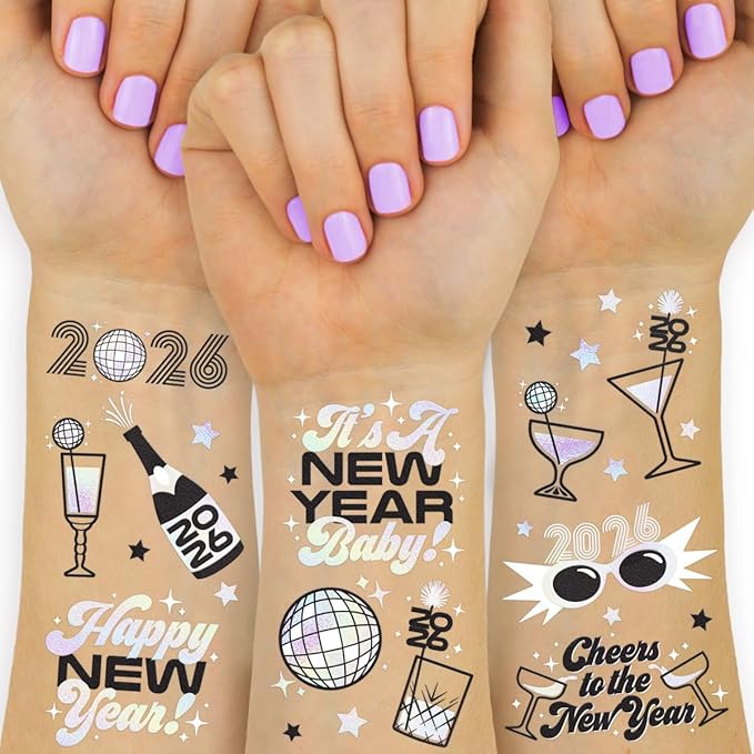 xo, Fetti New Years Eve Party Supplies Tattoos - 42 Foil Styles | Disco NYE Party Favors, Happy New Year Decorations, NYE 2026 Decor
