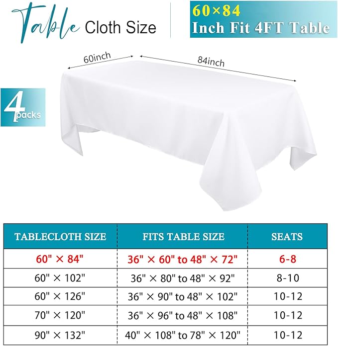 Kesfey 4 Packs White Table Cloths Rectangle 60 x 84 inch Washable Polyester Fabric White Tablecloths for 4 Feet Tables Stain and Wrinkle Resistant Reusable Table Covers for Parties Wedding Banquet