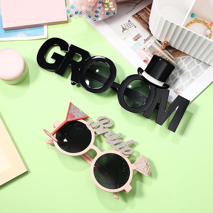 Gadpiparty 2Pcs Groom Bride Party Sunglasses Funny Glitter Party Glasses Fancy Dress Props for Wedding Hen Bridal Shower Bachelorette Decoration