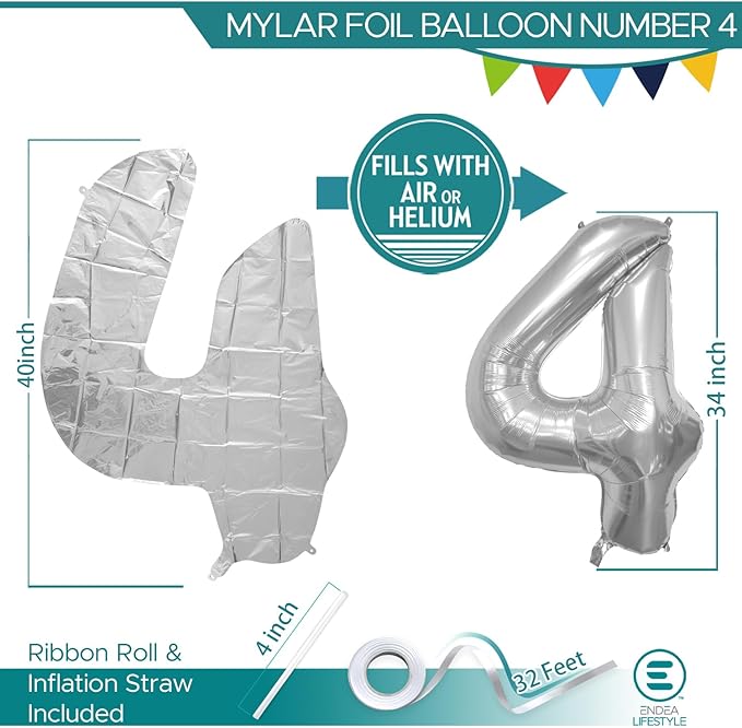 40 Inch Large Silver Number Celebration and Decoration Balloon for Birthday Parties, Graduations, Anniversaries, Weddings, Photo Shoots, Special Events - Helium Foil (Silver Number 4)