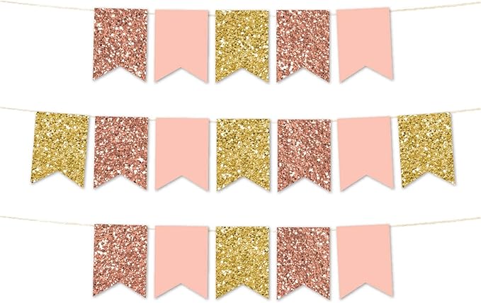 Andaz Press Hanging Pennant Banner with String, Faux Rose Gold Glitter, Pink, Faux Gold Glitter, 1-Set, 24 Pennants, Approx. 12-Feet Long, Girl's 1st Birthday Baptism Communion Theme Colored Supplies