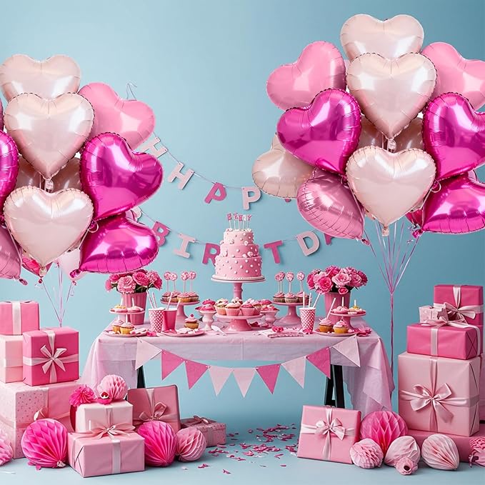 TONIFUL 30Pcs 18 Inch Rose Hot Pink Light Pink Balloons Heart Shape Foil Mylar Banners Decoration for Birthday Valentine's Day Wedding Bridal Shower Anniversary Engagement Party Supplies
