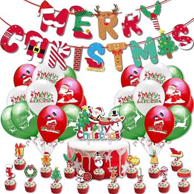 43pcs Christmas Party Decorations Merry Christmas Banner elk Ballons Snowman Santa Cake Topper for Xmas Decorations Indoor Home Decor