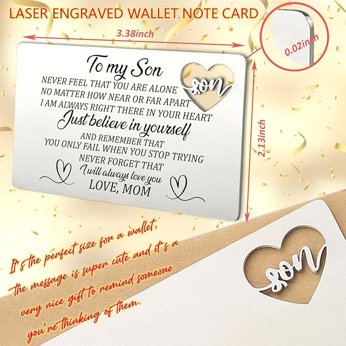 Son Gift from Mom, Inspirational Engraved Wallet Card Birthday Graduation Christmas Anniversary Wedding Back to School Card Wallet Insert Gifts for Son, Just Believe in Yourself Gift for Boys