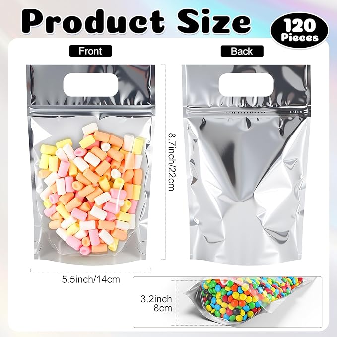 120 Pcs Plastic Gift Bag Bulk 5.5 x 8.7 Inch Resealable Party Goodie Bag with Clear Window Color Favor Pouch with Handle for Home Birthday Wedding Party Candy Gift Wrap Supply(Metallic)