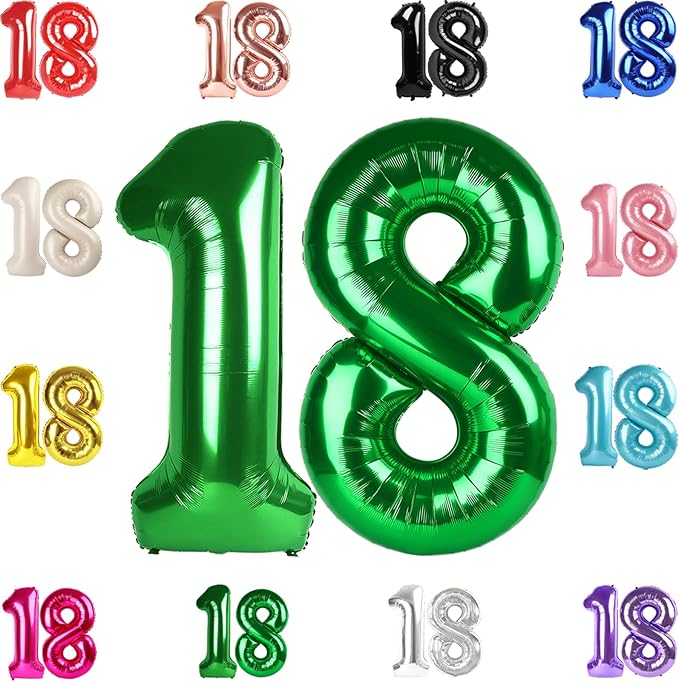 18 Balloon Number, Green Number 18th Birthday Balloons 40 Inch, 18 Years Old Green Birthday Decorations for Boys Girls, 18th Anniversary Decorations