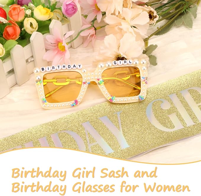 Birthday Girl Sash & Glasses Set, Gold Glitter Birthday Sash for Women Girls, Happy Birthday Decorations Outfits Accessories Party Favors Set for Women Girls