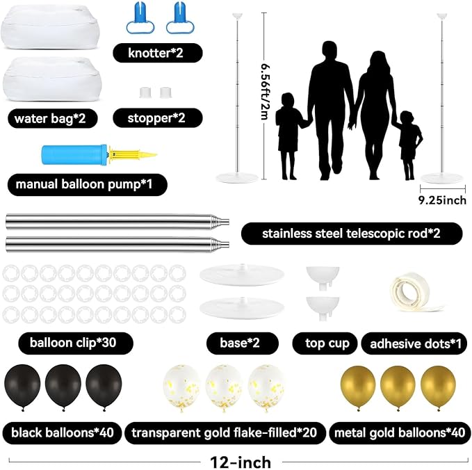 2 Sets Balloon Column Stand Kit with 100 Balloons Summer Adjustable Balloon Tower Stand with Bases for Floor Black Gold Balloon Arch Column for 50th Birthday Wedding Engaged Back to School Party Decor
