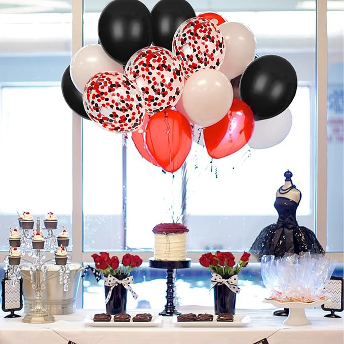 JOYYPOP 80Pcs Red White and Black Latex Balloons with Confetti Balloons for Graduation Poker Card Party Decorations, Casino, Race Car Party, Red and White Graduation Decorations