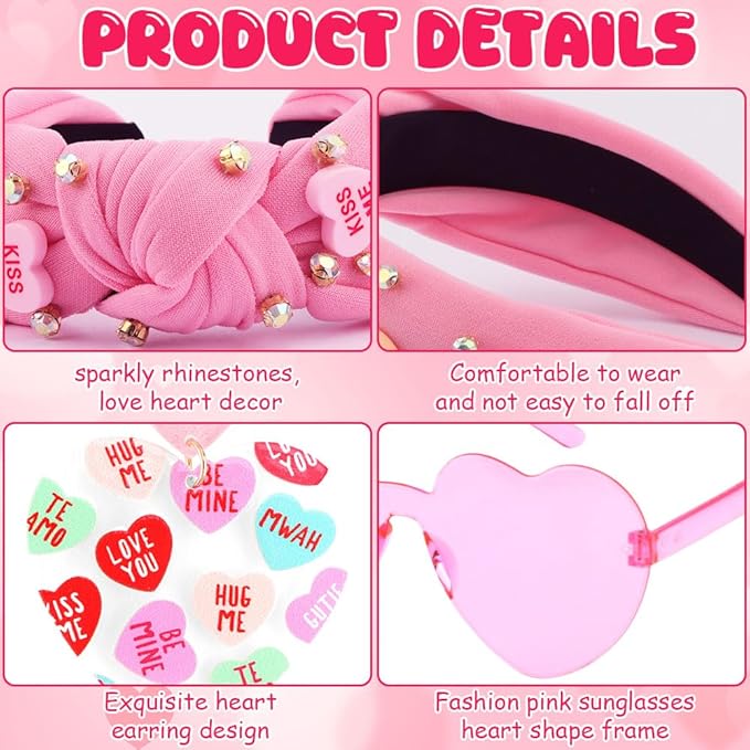 Valentines Day Headband for Women,4Pcs Pink Valentines Day Knotted Conversation Heart Headbands Earrings and Sunglasses Set for Women,Valentines Outfits Hair Accessories Gifts for Her