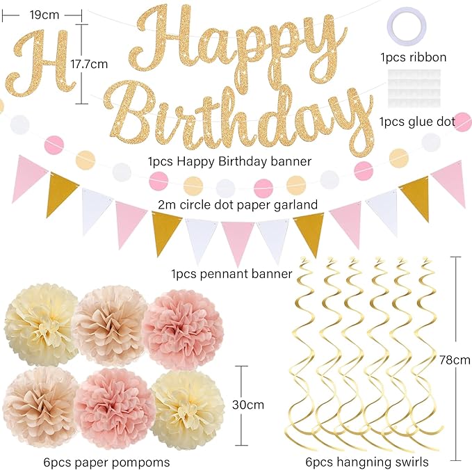 Gold Birthday Decorations, Happy Birthday Banner and Paper Pompoms, Hanging Swirls, Circle Dots Garland, Pennant Flags for Girls Women Party Decorations