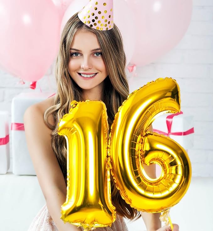 Large Gold 16 Number Balloons, 40 Inch Jumbo Number 16 Balloon, Gold Foil Mylar Balloons for Girl Sweet 16th/61th Birthday Party, Anniversary Decorations