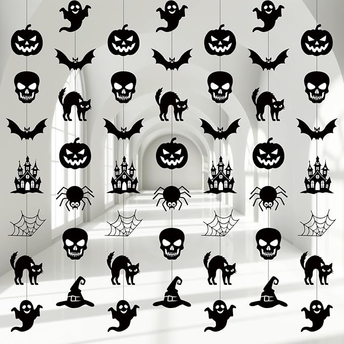 Xinnun 8 Pcs Halloween Party Decorations Garland Spooky Ghosts Skulls Pumpkin Hanging Banner Halloween Black Creepy Party Ceiling Garland for Outdoor Indoor Haunted House Horror Birthday Decor
