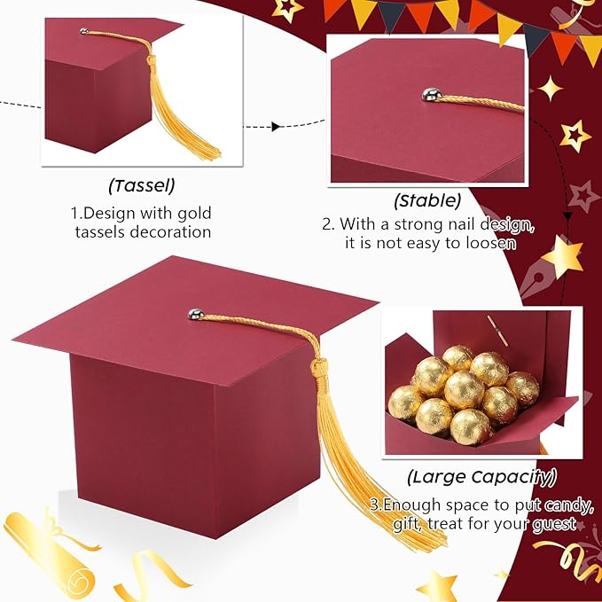TaoBary 12 Pieces Graduation Candy Box Graduation Decorations Party Gift Boxes Graduate Cap Box Candy Chocolate Cookie Supplies for Ceremony Party(Maroon)