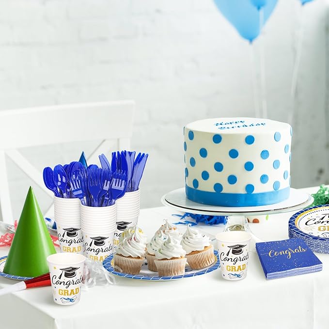 Whaline 175 Pcs Graduation Party Supplies, Paper Plates and Napkins Set, 25 Guests Blue Congrats Grad Disposable Tableware Include Plate Napkin Cup and Cutlery for Party Table Decor