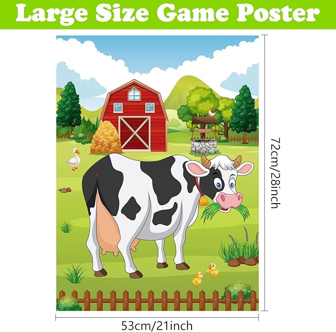 PLULON Pin The Tail on The Cow Party Game for Kids, Cow Farm Themed Animal Birthday Games Poster with Tail Stickers for Kids Farm Animal Donkey Party Favors Home Wall Decorations