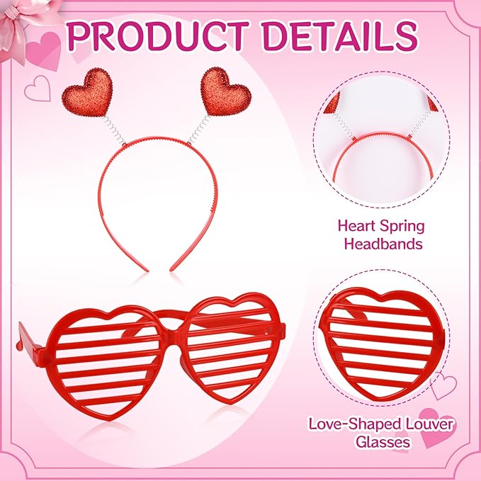 24 Pcs Valentines Heart Head Boppers Headbands and Heart Shape Sunglasses Party Supplies