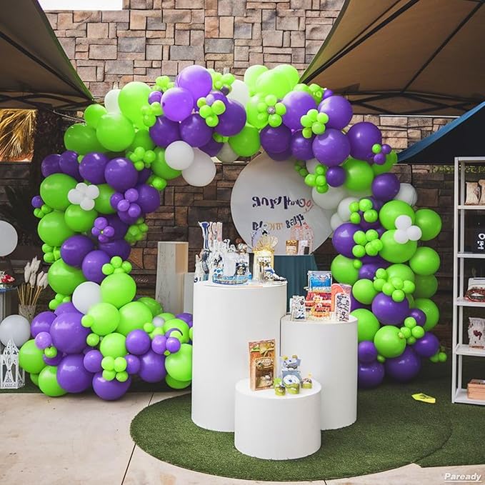 Green Purple White Balloon Arch Kit, 120pcs Lemon Green Retro Purple Balloons With Purple Foil Star Balloon Different Sizes For Outer Space Themed Birthday Baby Shower Party Decorations